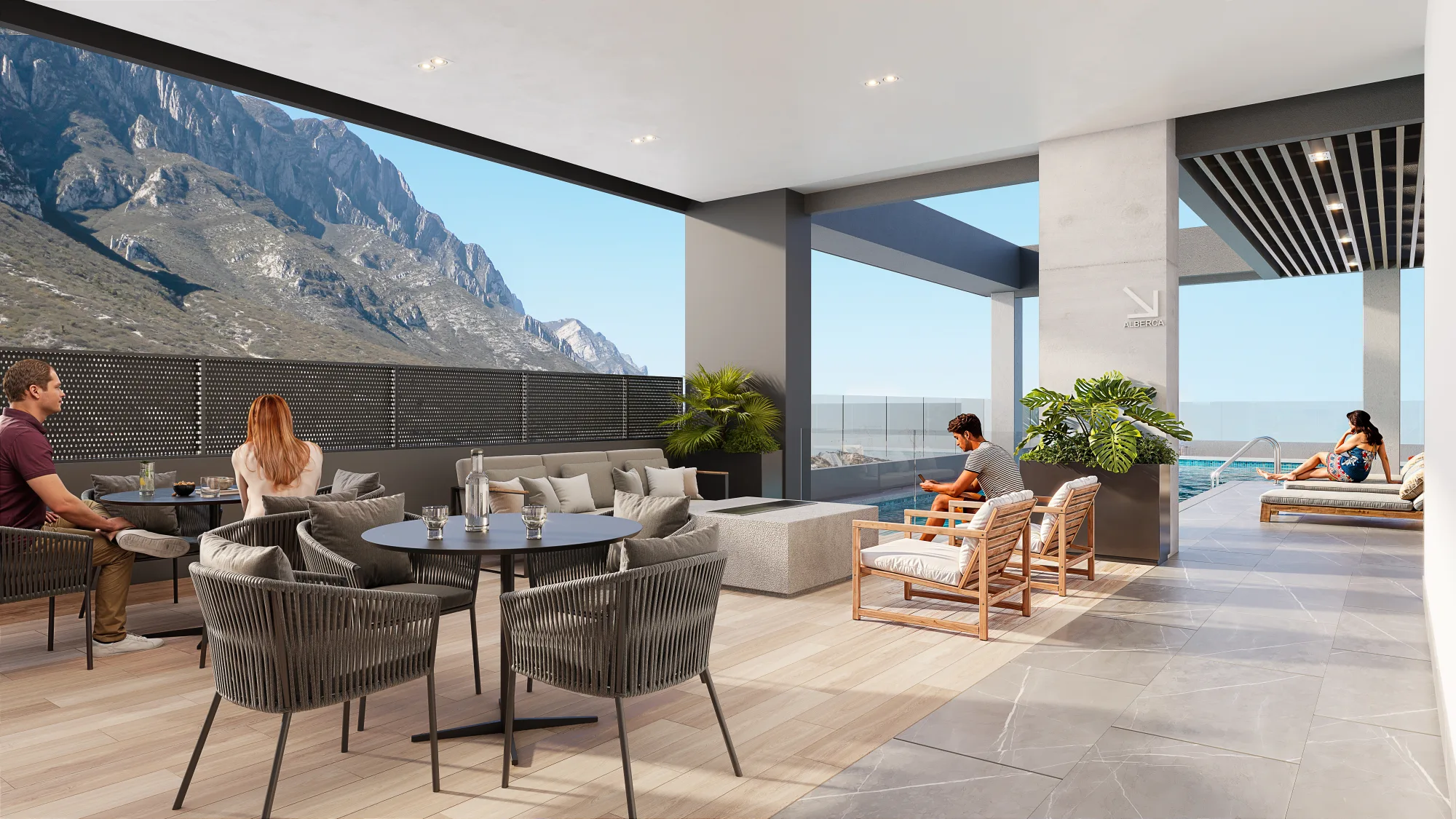 Lounge de Porta Huasteca con vista a la montaña