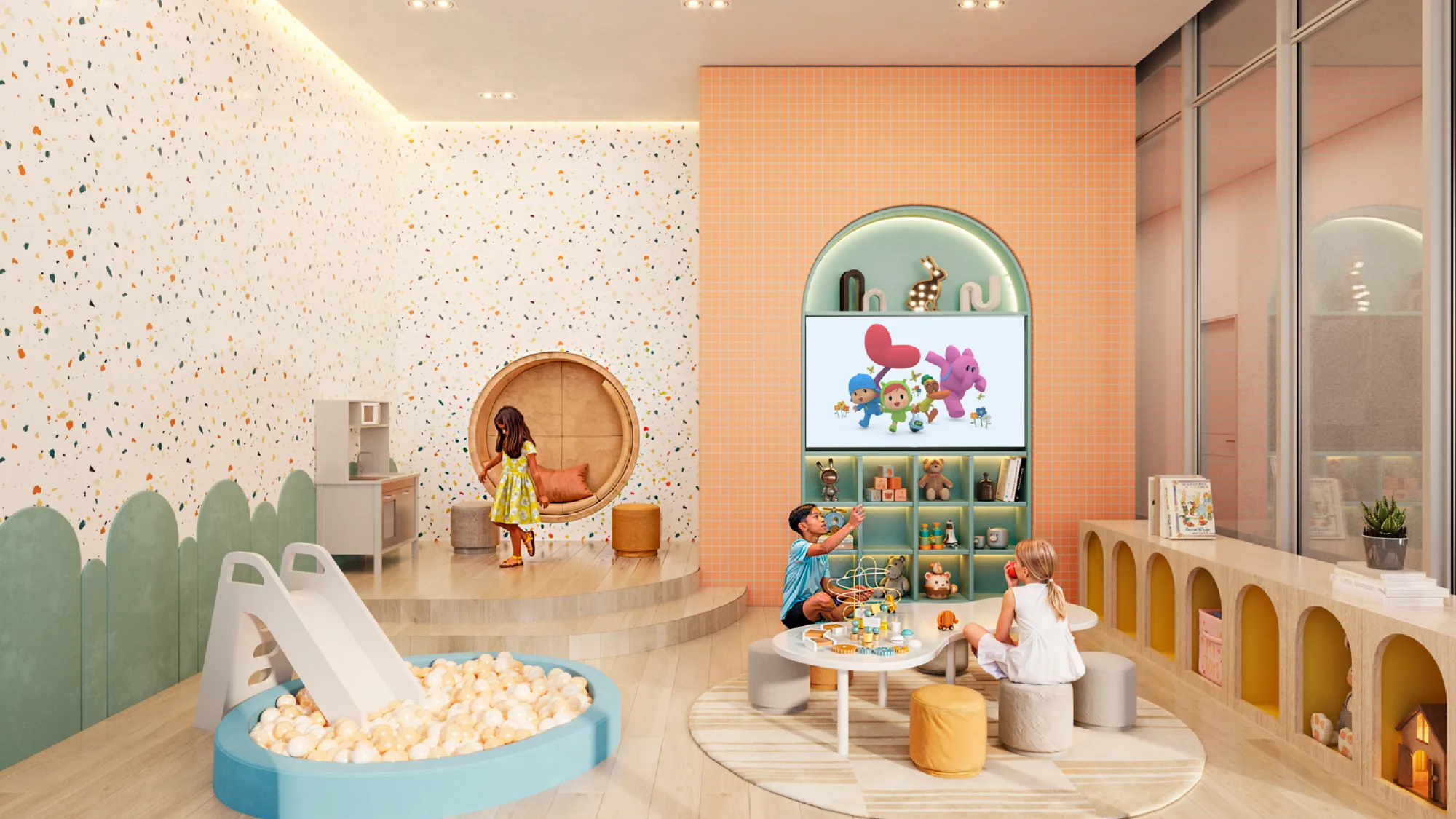 Ludoteca de Porta Huasteca con área de juegos para niñas y niños