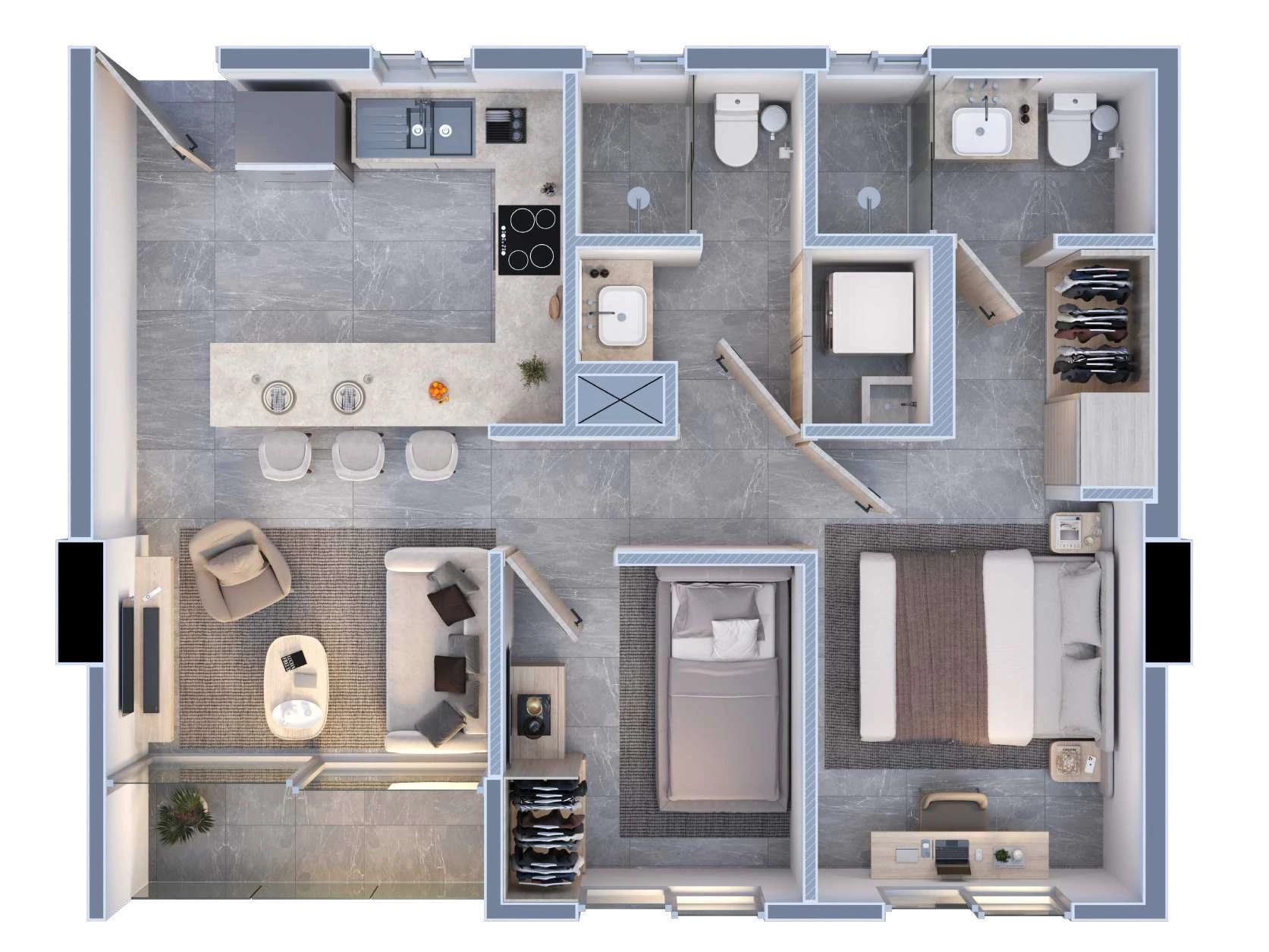 Planta de departamento de 2 recámaras y 60 metros cuadrados en Porta Huasteca