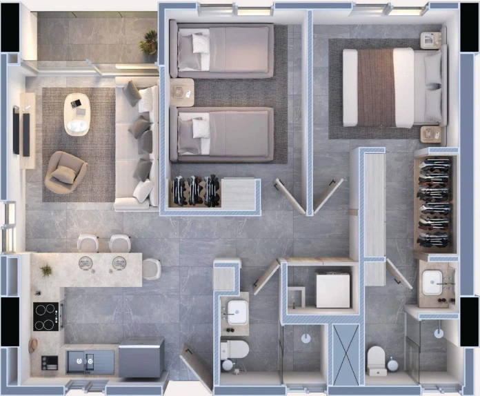 Planta de departamento de 2 recámaras y 70 metros cuadrados en Porta Huasteca