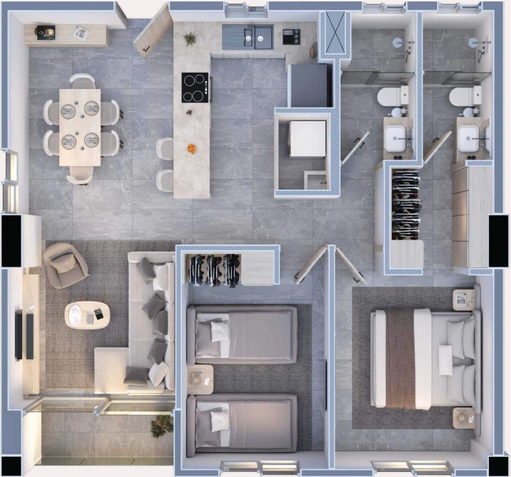 Planta de departamento de 2 recámaras y 80 metros cuadrados en Porta Huasteca