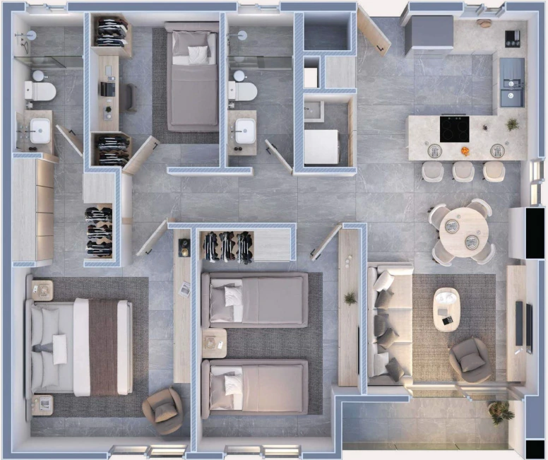 Planta de departamento de 3 recámaras y 90 metros cuadrados en Porta Huasteca