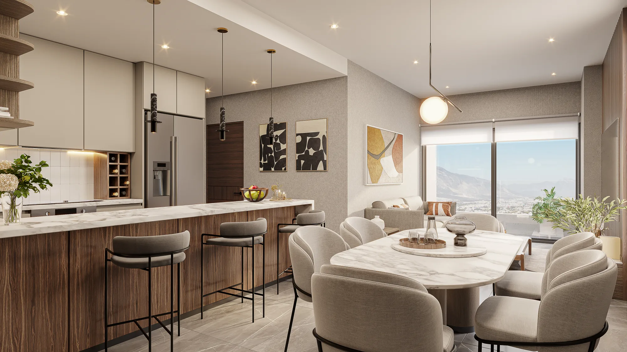 Sala, comedor y cocina de un departamento Porta Huasteca