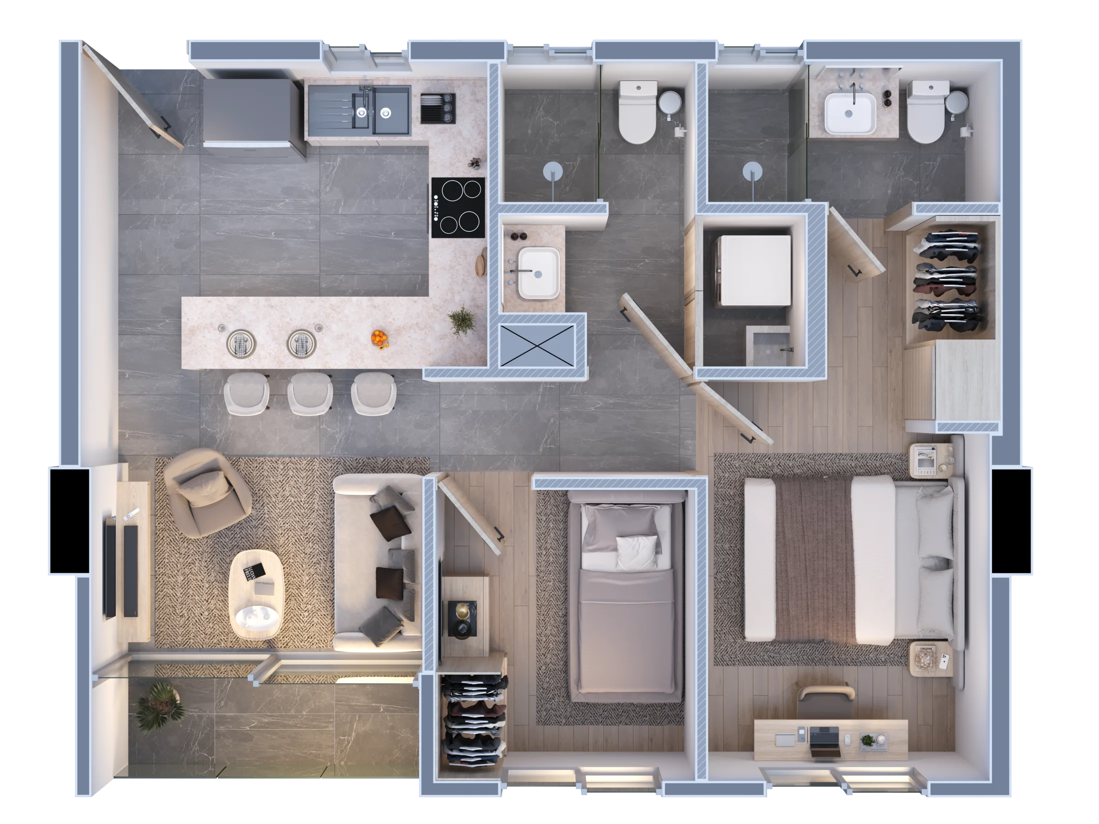 Planta de departamento de 2 recámaras y 60 metros cuadrados en Porta Huasteca