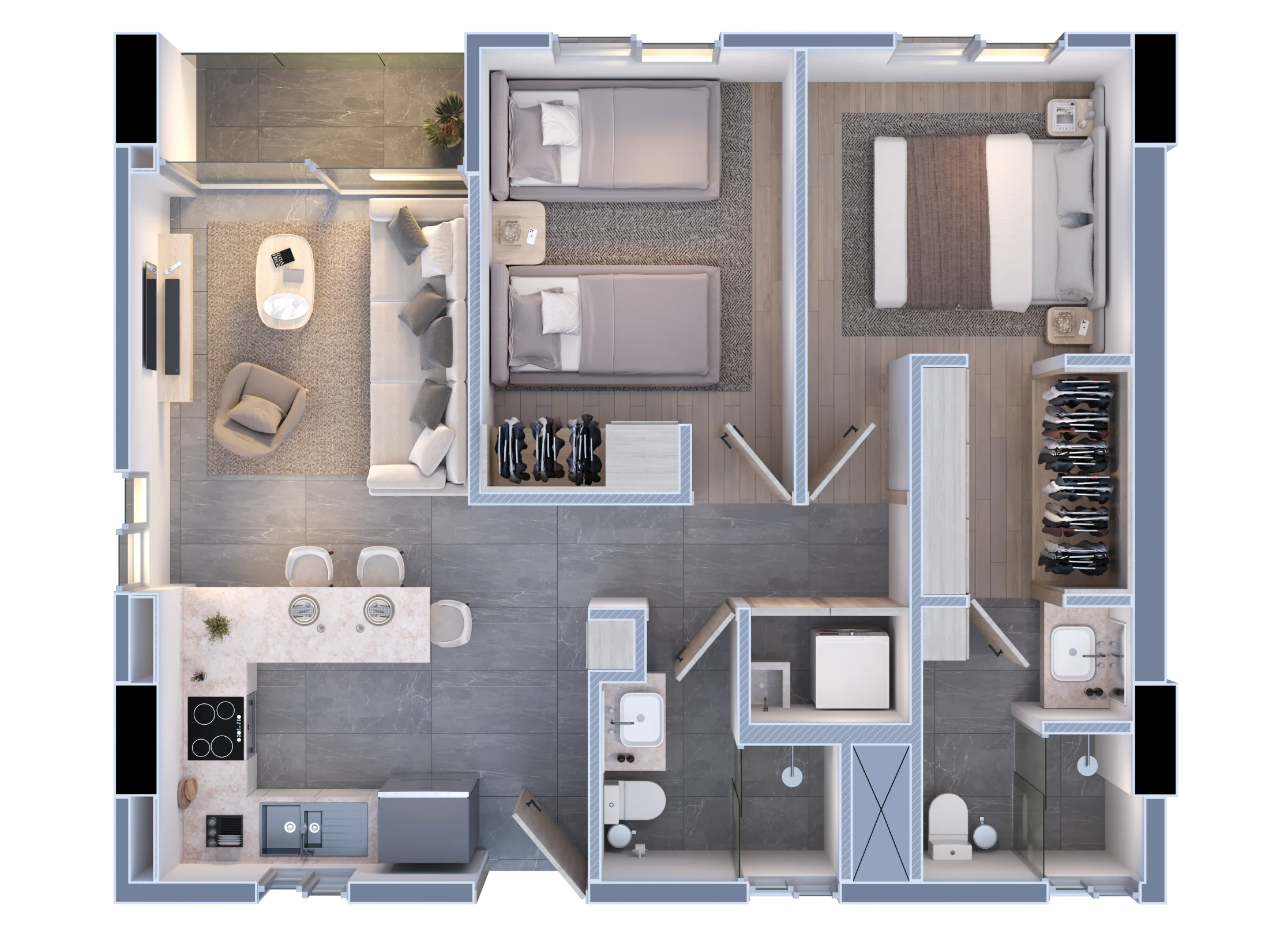 Planta de departamento de 2 recámaras y 70 metros cuadrados en Porta Huasteca