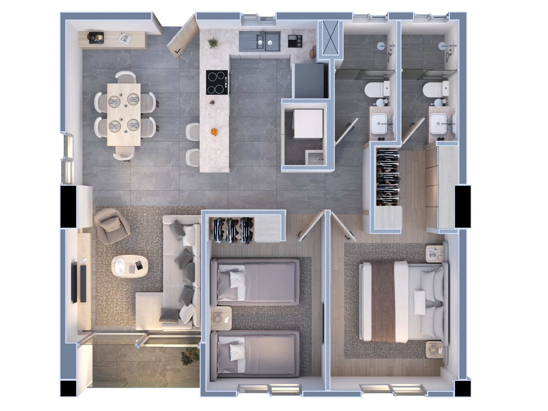 Planta de departamento de 2 recámaras y 80 metros cuadrados en Porta Huasteca