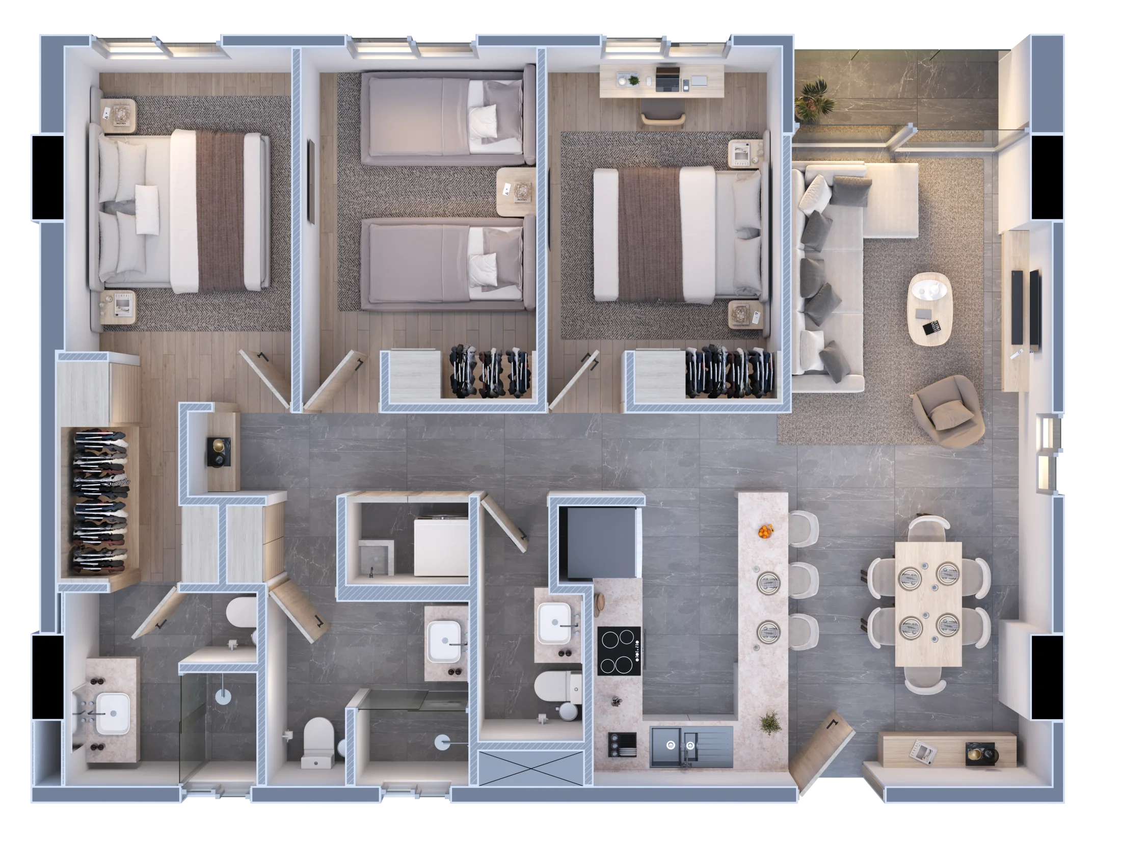 Planta de departamento de 3 recámaras y 100 metros cuadrados en Porta Huasteca