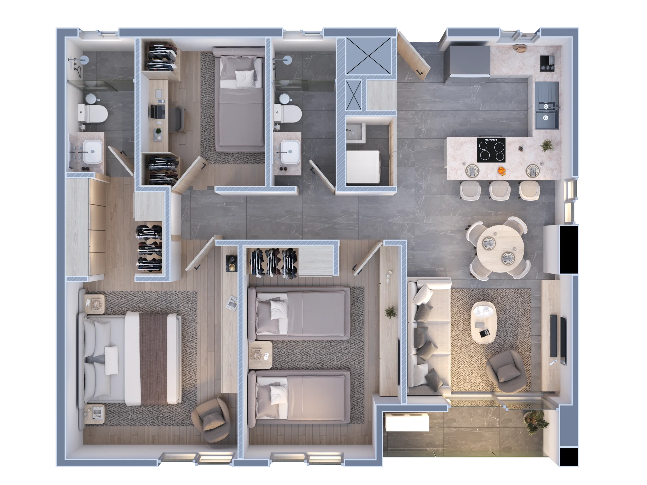 Planta de departamento de 3 recámaras y 90 metros cuadrados en Porta Huasteca